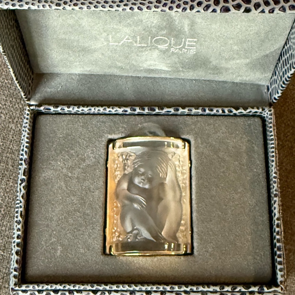Vintage Lalique Paris Enfant Angel Frosted Crystal Brooch Pin w Original Box